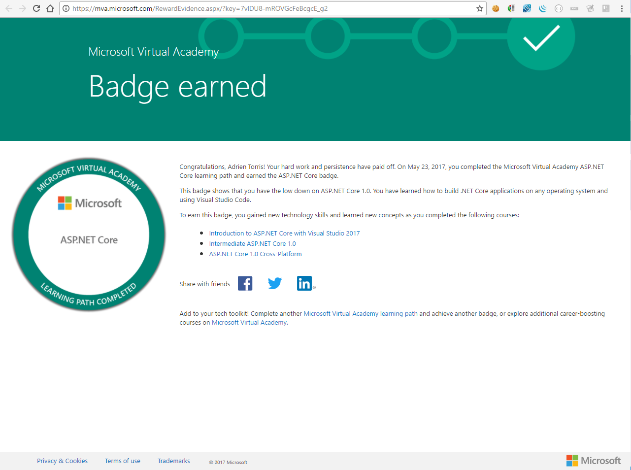 ASP.NET Core Leaning Path completed badge